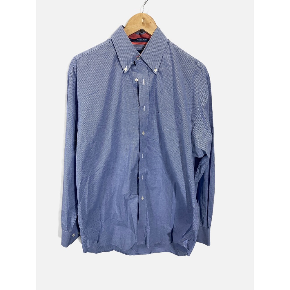 J. McLaughlin Button Down Mens Large Blue Micro Gingham Italian Cotton Shirt